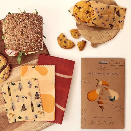 Parforna Beeswax Food Wraps - Reusable & Sustainable Wraps in 3 Sizes, Plastic Film Alternative, Food Storage Wraps, Bread Sandwich Wrapper, Eco-Friendly, Organic, Zero-Waste, Fresh Food For Longer