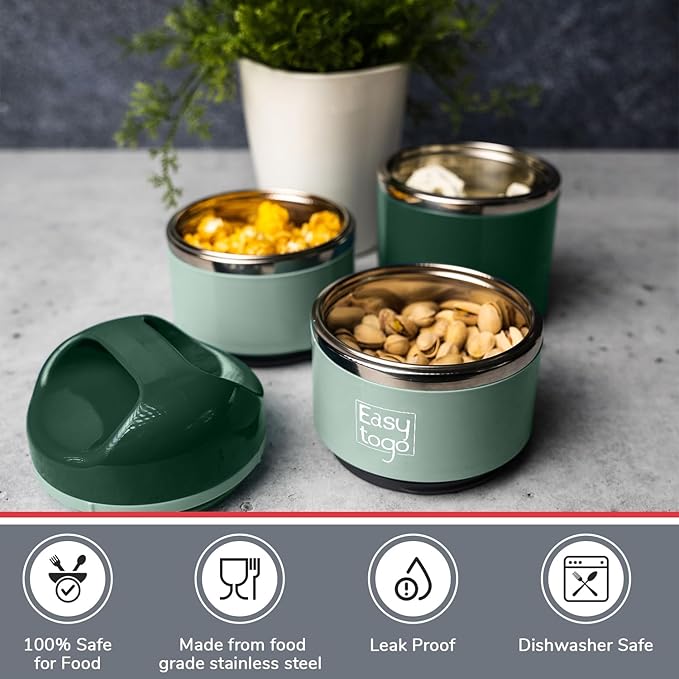 3 Tier Lunch Box 43Oz-Green Stainless Steel Stackable Lunch Box with Lunch Bag & Cutlery Set, Portable Lunchbox, Portion Control Meal Prep Togo Lunch Containers for Adults, Women, Men