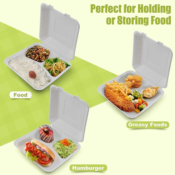 Green Earth 9-inch, 200-Count, 3-Compartment, Compostable Clamshell, Natural Bagasse (Sugarcane Fiber), Take-Out/to-Go Food Boxes - Biodegradable Containers, Hinged Lid Microwave-Safe Gluten-Free