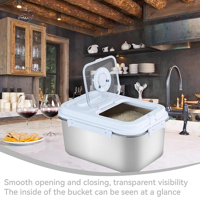 20lbs Stainless Steel Flour Storage Bin Airtight Rice Storage Container Metal Cereal Grain Dry Food Storage Boxes for Kitchen Countertop Pantry, Silver