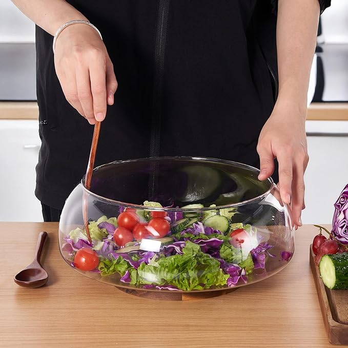 Large Glass Salad Bowl Set with Acacia Wood Base and Salad Serving Utensils, Salad Servers for Party, Fruits, Popcorn, Chips, Pasta, Kitchen Must-Have