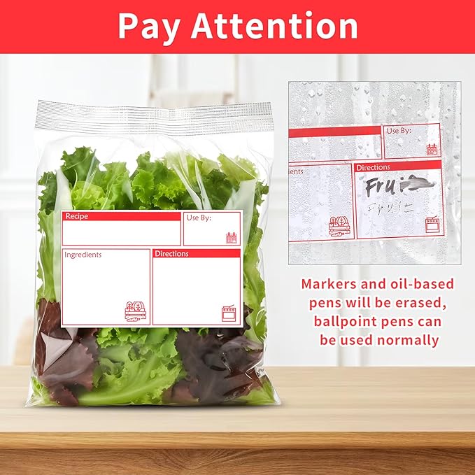 100pcs Labels for Freezer Bags Freezer Meal Labels with Instructions 3.2 X 5 inch Oil and Water Resistant Labels Food Labels for Freezer Storage for Leftovers in Fridge Removable Freezer (Red)