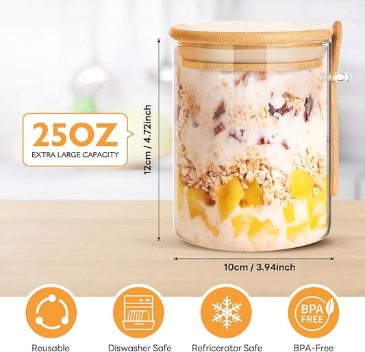 2 Pack 25oz Large Overnight Oats Containers with Lids, Overnight Oats Jars with Spoons, Glass Jars with bamboo Lids,salad jars with lids meal prep for Chia Seed Pudding Yogurt Cereal Coffee Flour