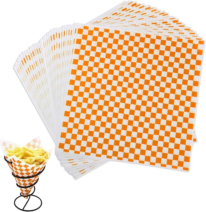 GeeRic Waxed Deli Paper Sheets 12 * 12 Inch, 100 Pcs Food Basket Liners for Sandwiches, Burgers, Checkered Deli Wrap Wax Paper Sheets Orange