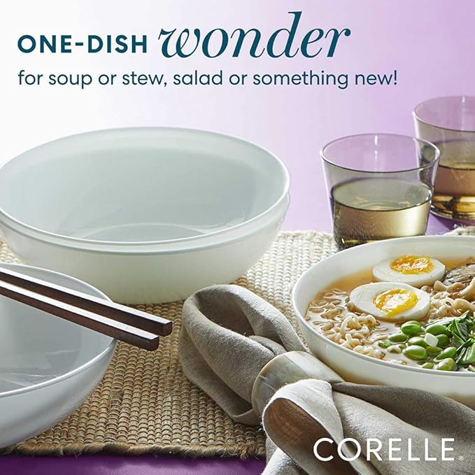 Corelle Vitrelle 4-PC Large 46-Oz Glass Meal Bowls Set, Service for 4, Compact Stack Bowls Set For Salad and Pasta, Microwave & Dishwasher Safe, White