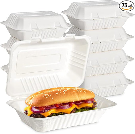 greensight Clamshell Take Out Food Container 75 Pack, 9 x 6 Compostable To Go Containers, Disposable To Go Boxes Heavy Duty, Biodegradable Eco Friendly Containers With White Bagasse