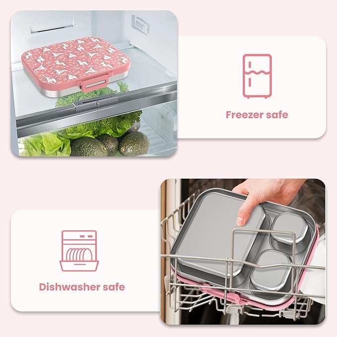 Stainless Steel Kid Lunch Box, Leak-Proof with free sealing Bento Box 3 Compartments Pink Girl