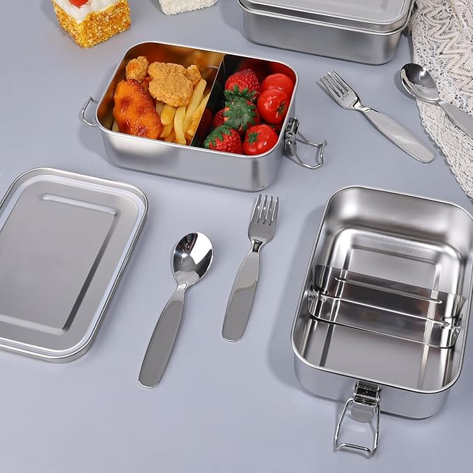 Dualshine 4 Pack Stainless Steel Bento Box 850ml Stainless Steel Containers with Lids Metal Lunch Box with Partition, 2 Spoons and Forks Lockable Clip for Leak Prevention Bento Box Adult for Travel