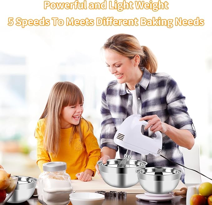 Hand Mixer Electric Mixing Bowls Set, 5 Speeds Handheld Mixer with 4 Nesting Stainless Steel Mixing Bowl, Measuring Cups Spoons 200W Kitchen Blender Whisk Beater Baking Supplies For Beginner