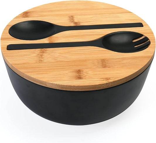 ShineMe Black Salad Bowl Set, 9.8inches Large Bamboo Fiber Salad Bowl With Lid and Utensils(Spoon & Fork), Solid Mixing Bowl For Serving Pasta, Fruits, Vegetables, Bread and Chips