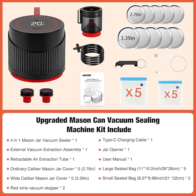 Mason Jar Vacuum Sealer Kit 4 in 1 Electric Black Can Sealer Machine for Food Storage Vacuum Bag Box Wine Bottle Wide Mouth and Regular Mouth Mason Jars
