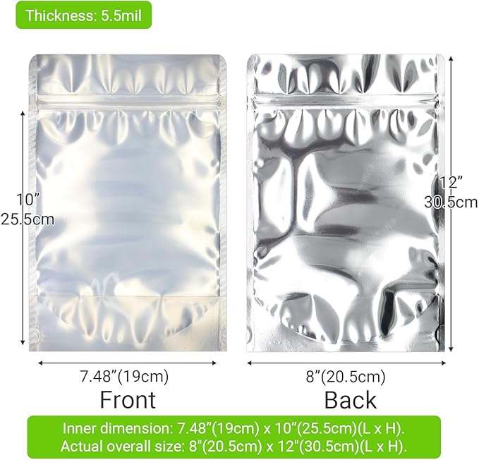 100 Pack 8 x 12 Inch Stand Up Pouch Bags Zipper Mylar Bags Clear Front with Aluminum Foil Back Reusable Food Storage Bags for Multipurpose with Gusset Bottom(5.5mil Thickness)
