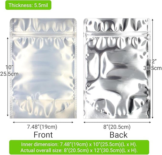 100 Pack 8 x 12 Inch Stand Up Pouch Bags Zipper Mylar Bags Clear Front with Aluminum Foil Back Reusable Food Storage Bags for Multipurpose with Gusset Bottom(5.5mil Thickness)