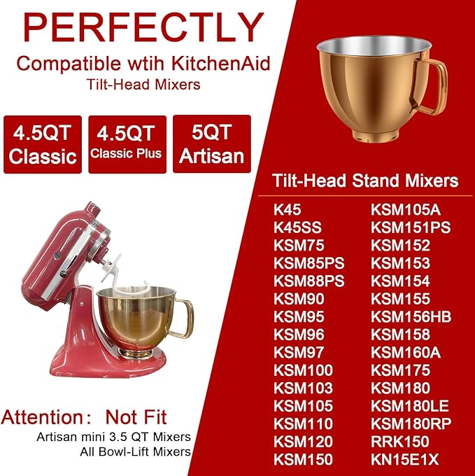 5 QT Stainless Steel Mixer Bowl for KitchenAid Artisan&Classic Series 4.5-5QT Tilt-Head Mixers K45 KSM70 KSM150 etc. Replacment for KitchenAid Mixer Bowl(Heavy Duty Radiant Copper)