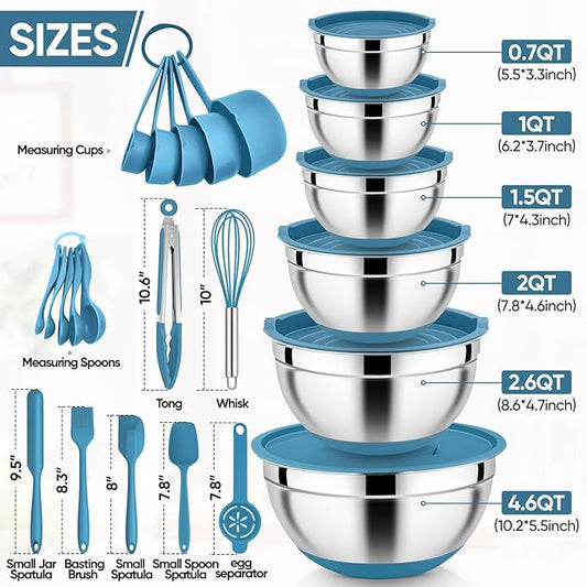 E-far 25PCS Mixing Bowls with Lid Set, Stainless Steel Nesting Prep Bowls with Grater Attachments Non-Slip Bottoms for Cooking, Baking, Serving, Food Storage, 4.6/2.6/2/1.5/1/0.7QT - Blue