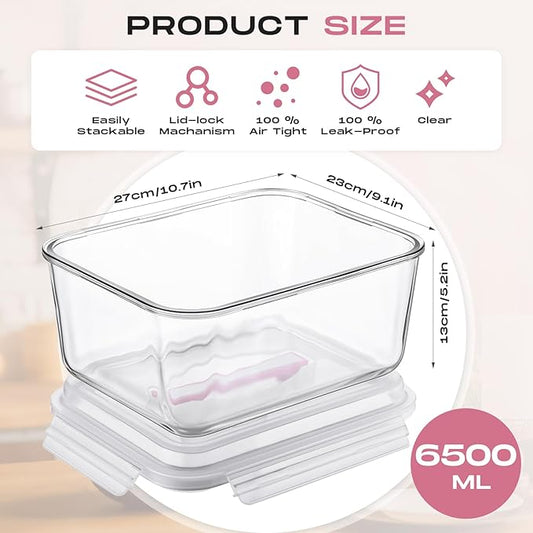 2 Pcs 6500 ML/ 220 oz/ 28 Cup Large Glass Food Storage Containers with Airtight Locking Lid Ideal Storing Food Vegetables Fruits Baking Casserole Lasagna Roasting Turkey, Transparent