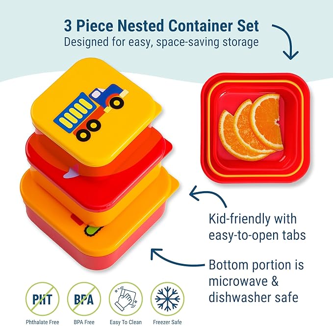 Wildkin Nesting Food Containers for Kids – Stackable, Airtight & Dishwasher Safe - Set of 3 - Under Construction