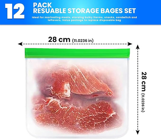 12-Pack Reusable Food Storage Bags (XL & Gallon Sizes) – Leakproof, Eco-Friendly Ziplock Bags for Meal Prep, Travel, Freezer Storage, and Kitchen Organization – Durable & BPA-Free