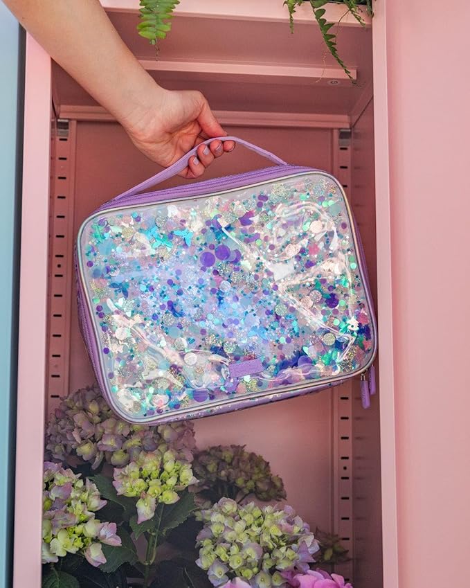 Packed Party Purple Confetti Lunchbox; Cute, Soft Insulated Lunch Bag; Lunch Box Cooler Fits a Water Bottle, Ice Packs for Cold Food, or Hot Food (Purple - Party Like a Unicorn)