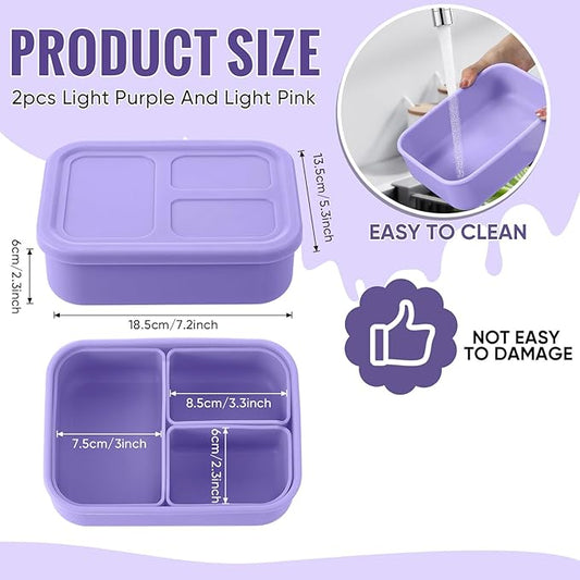 Baderke 2 Pcs Silicone Bento Box for Kids Lunch Box with 3 Compartments Leak proof lunch Container for Children Toddlers for Microwave, Freezer and Dishwasher(Light Purple, Light Pink)