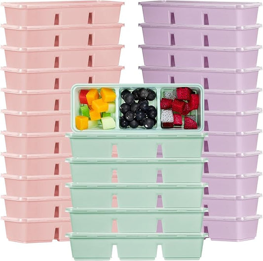Hushee 10 Pack 17 oz Small Meal Prep Containers 3 Compartments with Lids Disposable Plastic Bento Boxes Travel Lunch Food Boxes Reusable Stackable for Office Picnic (Purple,Pink,Mint Green)