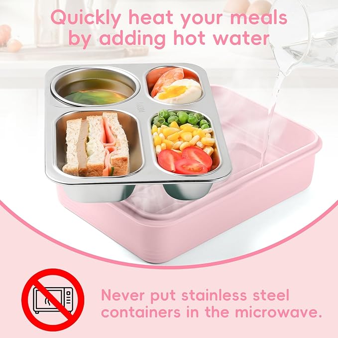 36-oz Lunch Box Containers Stainless Steel Bento Box for Adults with 4-Compartment Snack Tray, Soup Bowl with Lid & Metal Spoon, Dishwasher Safe, Easy to Carry, Pink