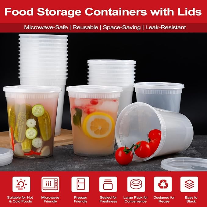 48 Sets Deli Containers with Lids,32oz Plastic Food Storage Containers,Leakproof Soup Container with Airtight Lids,Freezer Storage Container for Soup,Stackable,Dishwasher,Microwave Safe