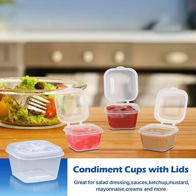 1 oz Square Plastic Containers with Lids(200 Pack), 1oz Clear Condiment Cups with Lids, Small Portion Sauce Cups for Salad Dressing, Lunch
