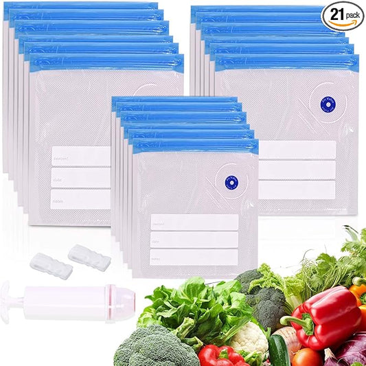 21 Pcs 3Size Sous Vide Bags Vacuum Zipper Sealer Bag for Food, Reusable Vacuum Seal Bags with Hand Pump&Sealing Clips for Sous Vide Cooking,Freezer Safe,Microwave Heating and Food Storage