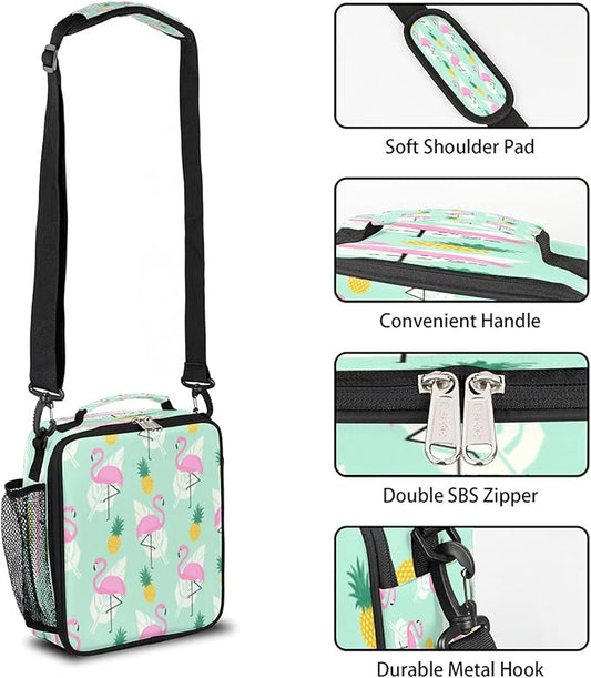 Flamingo Kids Lunch Box Pineapple Insulated Lunch Bag Tote for Girls Boys, Cooler Freezable Meal Prep Bag with Shoulder Strap Waterproof Lunch Container for School Office Picnic