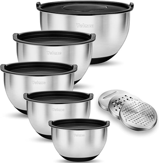 Velaze Mixing Bowls Set of 5, Stainless Steel Nesting Bowls with Airtight Lids, 3 Grater Attachments, Non-Slip Bottom & Measurement Marks, Size 5, 3, 2, 1.5, 1 QT for Mixing & Prepping