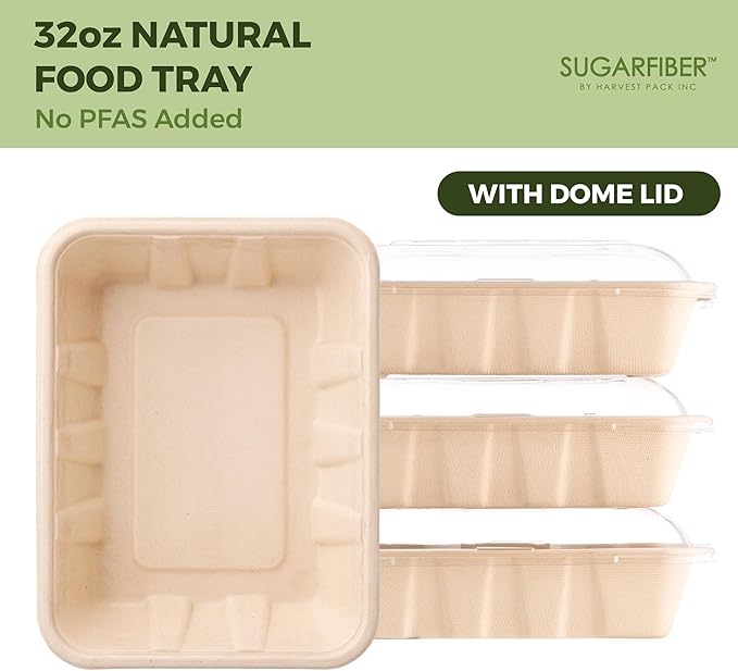 [100 COUNT]Harvest Pack 32 oz PFAS FREE Disposable Food Trays with Dome Lids, Compostable Food Container Bagasse Serving Trays, Rectangle, Made from Sugarcane Eco-Friendly Plant Fibers