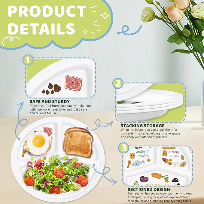 10 Inch Portion Control Bariatric Plate - Divided Melamine Plate with Cute Healthy Eating Icons and Motivational Message for Balanced Meals (2 Pack)