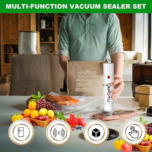 Vacuum Sealer with 5 PCS Reusable Sous Vide Bags, Handheld Compact Vacuum Sealer For Food Preservation, Portable Cordless Sealer Machine Food Fresh for Preserving Vegetables, Fruits, White