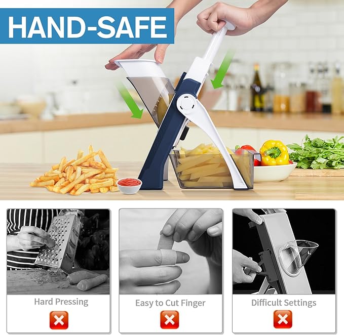 [5 in 1] Mandoline Slicer for Kitchen & Safe Vegetable Chopper & Adjustable Mandoline Slicer, can't Detachable Blade, Mandolin can Cut Slicing, Strips, Shredding, Dicing