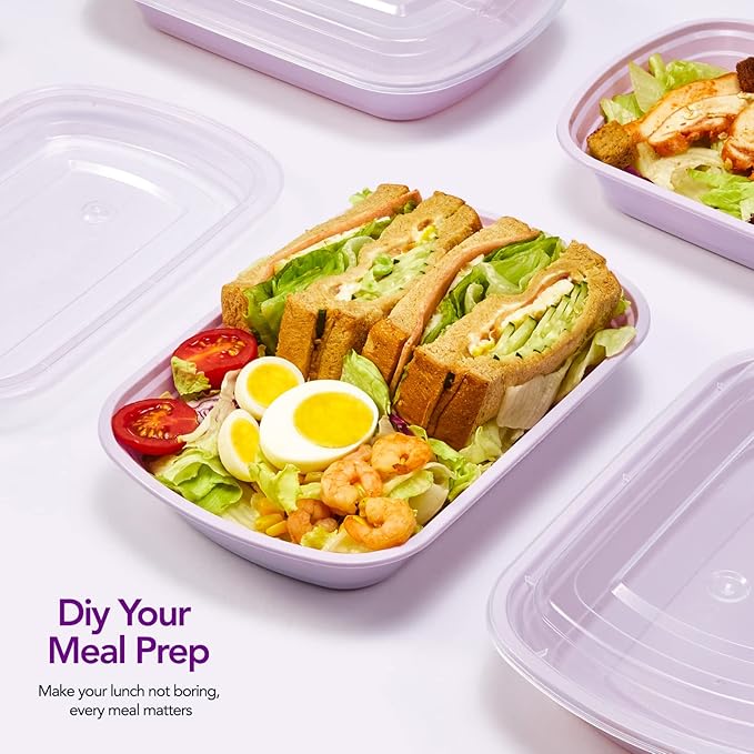 Glotoch Meal Prep Container Microwave Safe 50Pack,1 Compartment Food Containers with Lids, To Go Containers for Takeout, Bento Box, BPA-free, Stackable, Microwave/Dishwasher/Freezer Safe 28OZ(Purple)