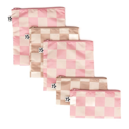 Tiny Twinkle 5 Pack Reusable Snack Bags - Machine Washable, PFAS, PVC, BPA, Phthalate-Free Reusable Baby and Toddler Food Safe Snack Bags (Checkers Pink Brown)