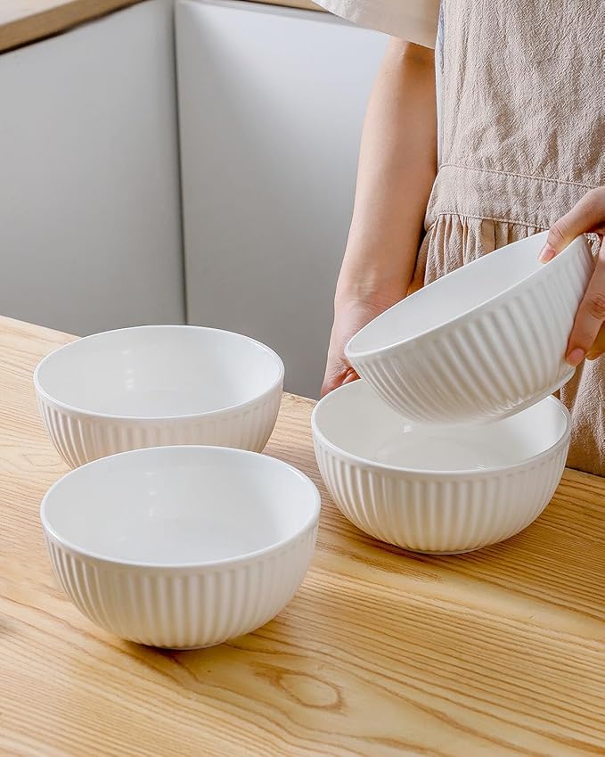 Hasense Large Serving Bowls 7 Inch - 42 Oz White Ceramic Salad Bowl Set of 4 for Kitchen,Modern Ribbed Porcelain Dishes for Entertaining,Soup,Pho,Pasta,Cereal, Noodle - Dishwasher & Microwave Safe
