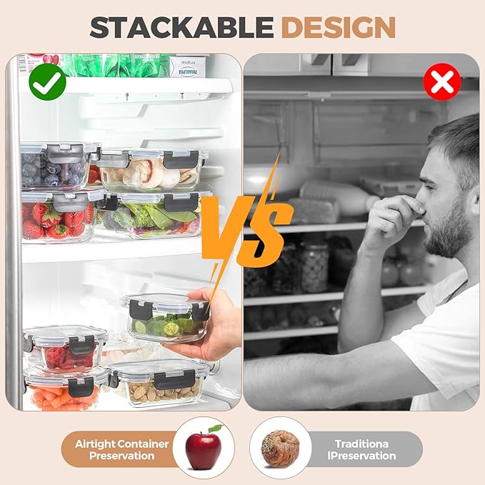 8 Pack Glass Food Storage Containers with Airtight Lids,Glass Meal Prep Containers with, Bento Boxes, Airtight Lunch Containers, Microwave,Oven, Freezer, Dishwasher