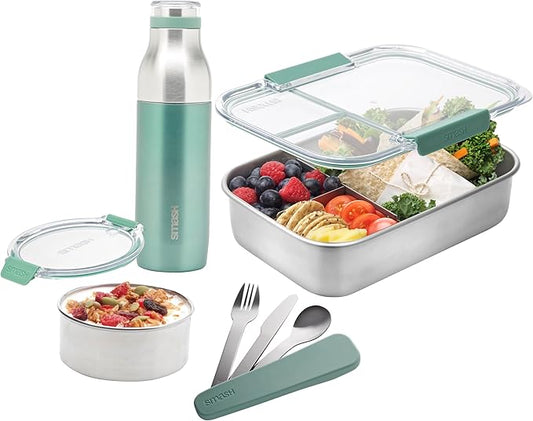 Eco-friendly Bento 7-Piece Lunch Kit - Blush color - Box with 3 compartments, Snack Box, 16.9 fl oz Bottle, 3 piece travel cutlery set. (Green)