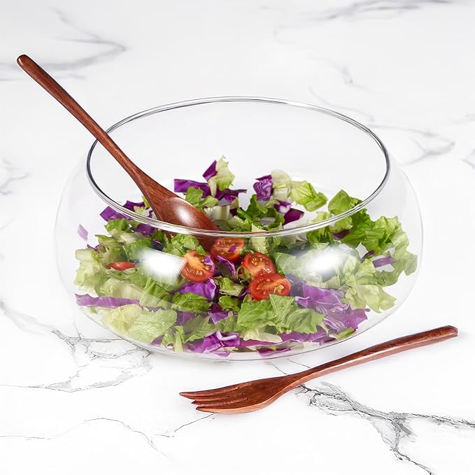 Large Glass Salad Bowl Set with Acacia Wood Base and Salad Serving Utensils, Salad Servers for Party, Fruits, Popcorn, Chips, Pasta, Kitchen Must-Have
