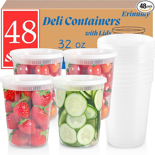 48 Sets Soup Containers with Lids,32 oz Deli Food Storage Containers,Clear Stackable Plastic Deli Container,Heavy-Duty Takeout Container,Leakproof,Microwave Freezer Dishwasher Safe