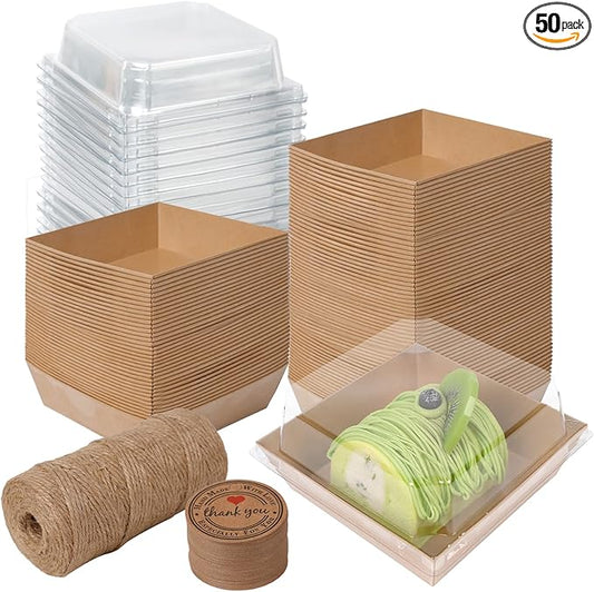 Kosotody 50 Pack Charcuterie Boxes with Clear Lids, 4 Inches Brown Oil-Proof Kraft Paper Food Containers Bakery Boxes for Sandwich, Cookies, Hot Cocoa, Cupcakes and Strawberries（Brown）