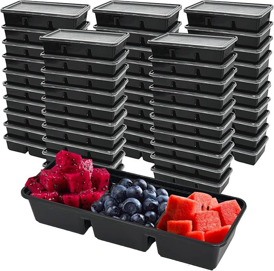 50pcs 16oz Meal Prep Containers with 3 Compartments with lids, Premium Disposable Plastic Bento Boxes, Stackable Food Containers Travel Snack, Dessert, Lunch Boxes for Office, Picnic, Microwave Safe
