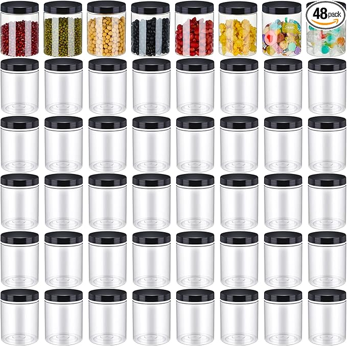 Aoriher 48 Pcs 8oz Plastic Mason Jars with Lids Round Clear Plastic Jars Containers Refillable Small Empty Storage Containers Food Canisters for Kitchen Storage(Black)