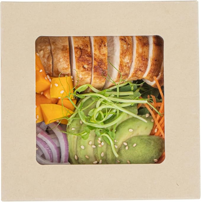 Restaurantware-27 Ounce Sturdy Paper Take Out Boxes, 50 Disposable Take Out Food Containers - With PLA lining, Paper Lid With Clear PLA Window, Bamboo Paper Containers, Compostable, Greaseproof