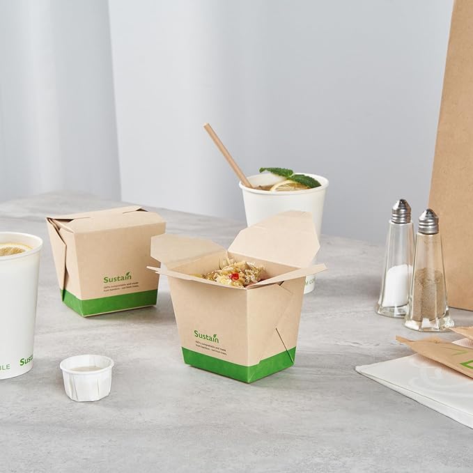Restaurantware Sustain 16 Ounce Sturdy Paper Take Out Boxes, 50 Disposable Take Out Food Containers - With PLA lining, Compostable, Bamboo Paper Containers, Built-In Tab-Lock Cover, Greaseproof