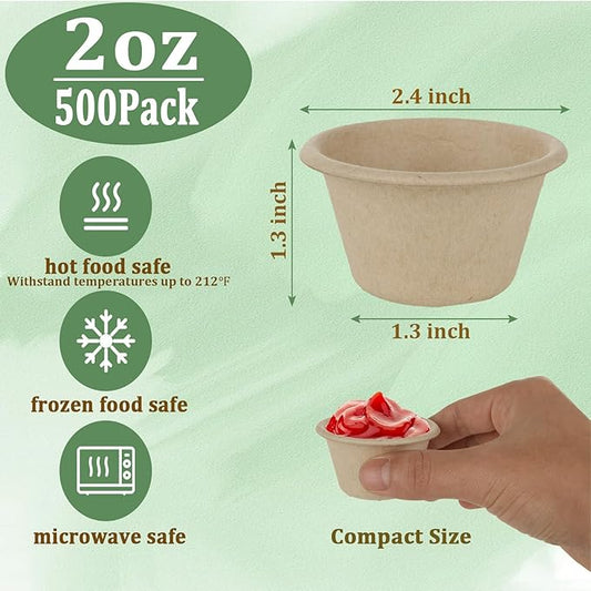 Acrux7 500 Pack 2 oz Paper Souffle Cups, Small Disposable Condiment Cups for Dips, Jams, Honey, Sauces, Nuts, Samples - Compostable Made From Bagasse Fiber