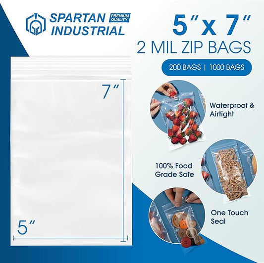 Spartan Industrial - 5” X 7” (200 Count) 2 Mil Clear Reclosable Zip Plastic Poly Bags with Resealable Lock Seal Zipper