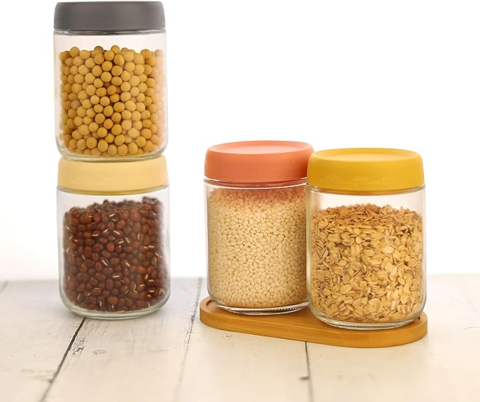 16 OZ Glass Food Jar Storage Containers with Airtight Lids, Reusable Wide Mouth Overnight Oats Glass Mason Jars for Snacks Yogurt Pudding(Multicolor 4pack-2)